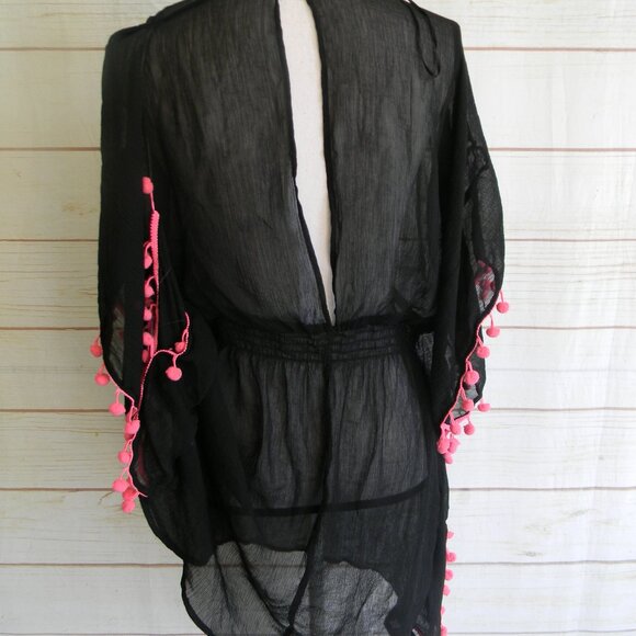 BONGO WM'S BLACK SWIMSUIT COVER-UP W/PINK POM POMS SZ 2X - Picture 3 of 4